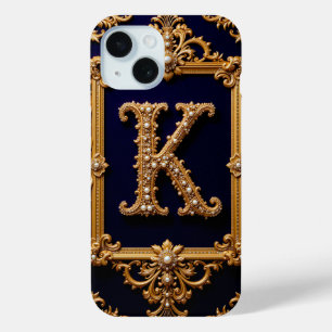 Coque Pour iPhone 15 Lettre luxueuse K dans un cadre doré orné