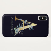 Coques Case-Mate iPhone Lettre Monogramme or A Floral bleu nom personnalis (Dos (Horizontal))