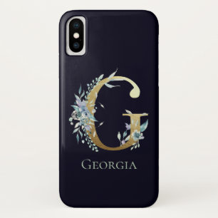 Case-Mate iPhone Case Lettre monogramme or E Bleu marine floral Nom