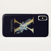 Coques Case-Mate iPhone Lettre Monogramme Or X Floral Blue Nom (Dos (Horizontal))