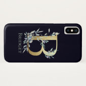 Coques Case-Mate iPhone LETTRE MONOGRAPHIQUE D'OR B Bleu Marine Nom floral (Dos (Horizontal))
