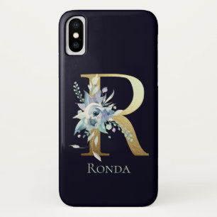 Case-Mate iPhone Case LETTRE MONOGRAPHIQUE OR R Navy Bleu Nom floral