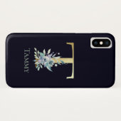 Coques Case-Mate iPhone LETTRE MONOGRAPHIQUE OR T Floral Blue Nom (Dos (Horizontal))