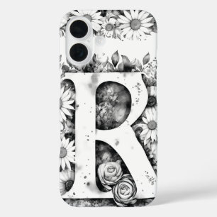 Coques iPhone 16 LETTRE NOIRE ET BLANCHE R Elégante Aquarelle Flora