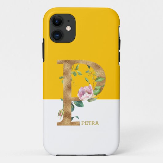 Coques Case-Mate iPhone Lettre or de fleurs roses monogramme P (Dos)