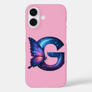 Coques iPhone 16 Lettre papillon galaxie "G" Monogramme sur rose