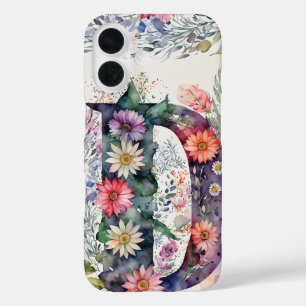 Coques iPhone 16 Lettre personnalisée D Elégante aquarelle florale