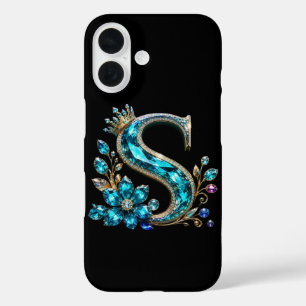 Coques iPhone 16 Lettre S et Couronne en Cristal de Turquoise