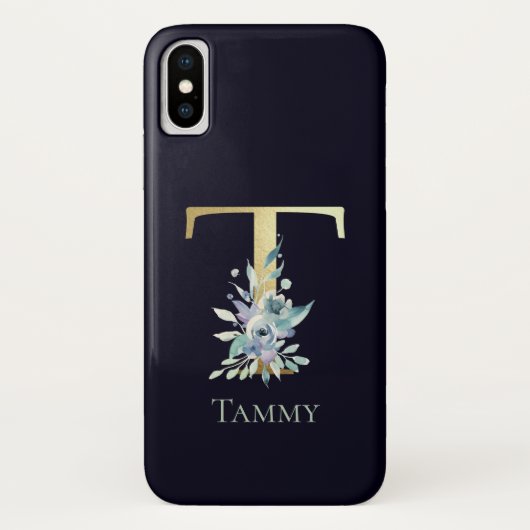 Coques Case-Mate iPhone Lettre T Monogramme Or Luxe Fleur Bleue Nom (Dos)