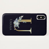 Coques Case-Mate iPhone Lettre U Monogramme Or Luxe Fleur Bleu Nom (Dos (Horizontal))