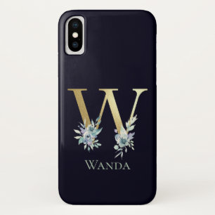 Case-Mate iPhone Case Lettre W Monogramme Or Luxe Fleur Bleue Nom