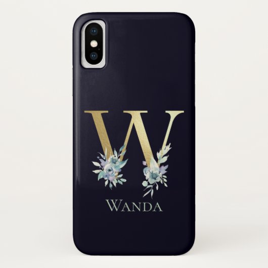 Coques Case-Mate iPhone Lettre W Monogramme Or Luxe Fleur Bleue Nom (Dos)