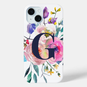 Coque Pour iPhone 15 Lever de soleil Boho Floral Monogramme Navy