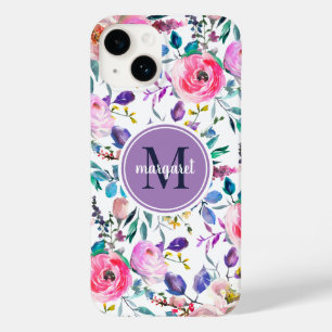 Coque Pour iPhone 14 Lever de soleil Boho Floral Monogramme violet et b