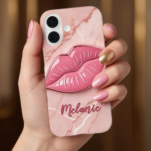 Coques iPhone 16 Lèvres brillantes en marbre rose modelées