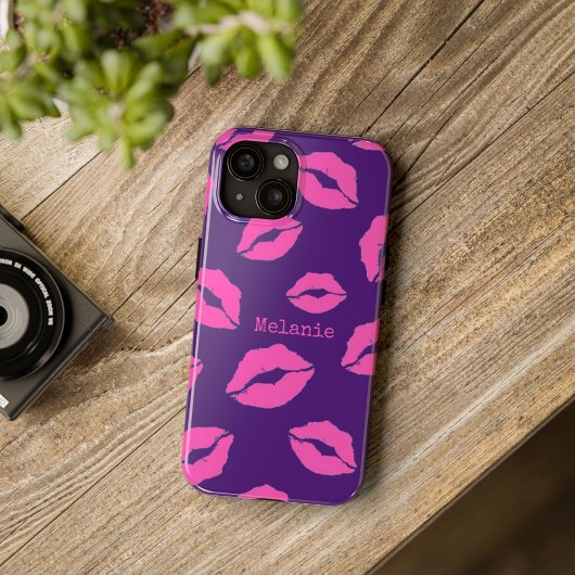 Coques Case-Mate iPhone Lèvres de bisou rose personnalisées sur violet