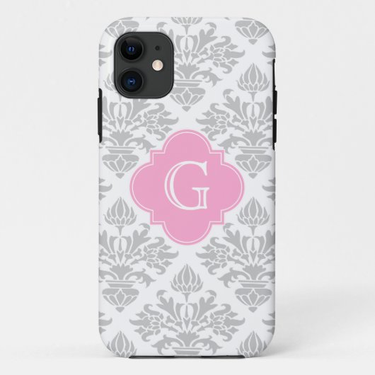 Coques Case-Mate iPhone Lg Gris Blanc Floral Damas #3 Étiquette rose Monog (Dos)