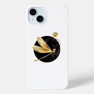 Coque iPhone 15 Mini libellule d'or en cercle noir