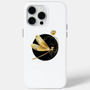 Coque iPhone 15 Pro Max libellule d'or en cercle noir