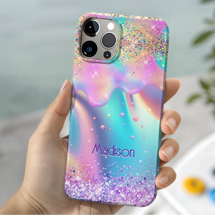 Coques iPhone 16 Licorne holographique chic dégoulinant de monogram