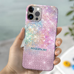 Coque Pour iPhone 15 licorne mignonne monogramme faux strass rose scint
