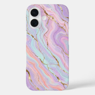 Coques iPhone 16 Licorne Pastel Holographique Marbre Paillettes Dor