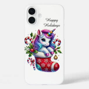 Coques iPhone 16 Plus Licorne personnalisable pour les fêtes de Noël