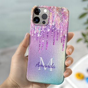 Coque Pour iPhone 15 Licorne rose chic gouttant paillettes monogramme