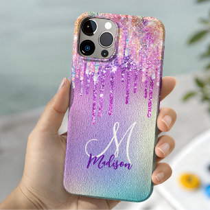 Coque Pour iPhone 14 Licorne rose chic gouttant paillettes monogramme