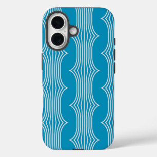 Coques iPhone 16 Lignes blanches Abstraites rétro sur Motif bleu