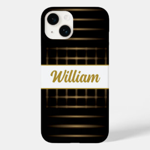 Coque Pour iPhone 14 lignes blondes dorées sur noir avec texte personna