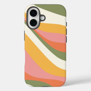 Coques iPhone 16 Lignes d'onde rétro super en vert jaune et rose