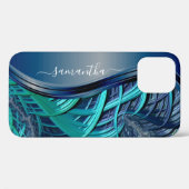Coques Case-Mate iPhone Lignes fractales bleues Monogramme métallique manu (Verso (horizontal))