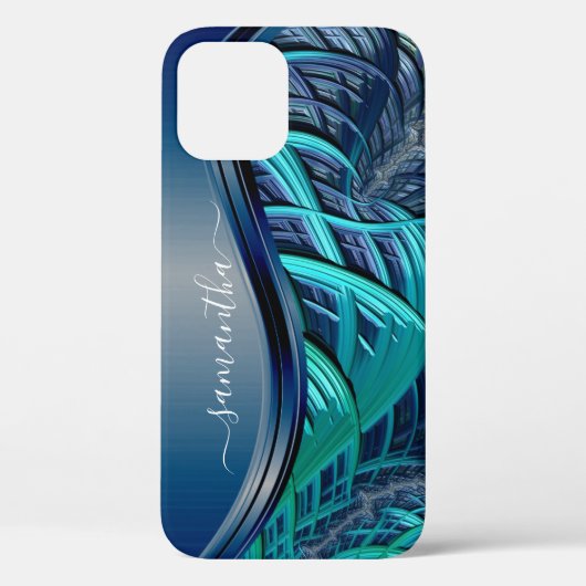 Coques Case-Mate iPhone Lignes fractales bleues Monogramme métallique manu (Verso)