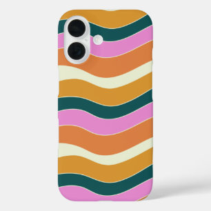 Coques iPhone 16 Lignes super Retro Rose et Vert Wavy