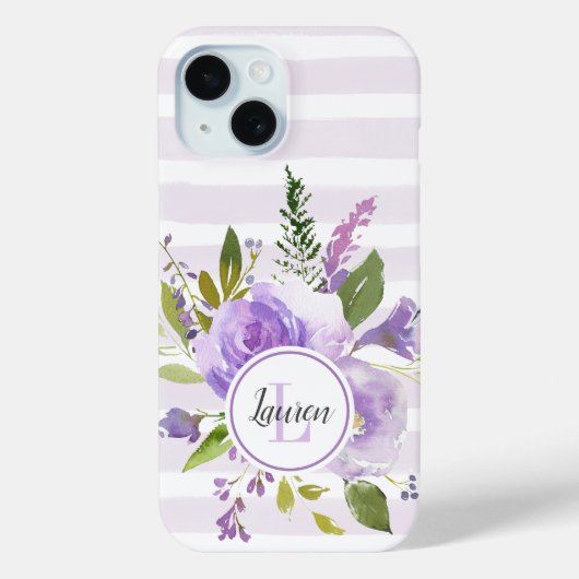 Coques Case-Mate iPhone Lilac Floral et rayures Monogramme (Verso)