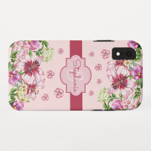 Coques Case-Mate iPhone Lily Peony Floral Blush Pink Monogramme rose (Dos (Horizontal))