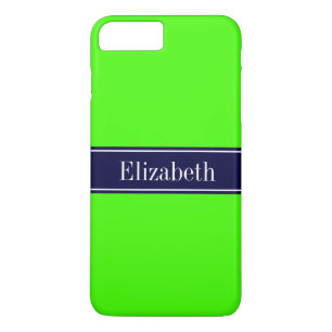 Coque iPhone 8 Plus/7 Plus Lime solide vert, ruban bleu marine Nom Monogramme