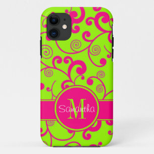 Coques Pour iPhone Lime vert avec design de défilement rose Monogram