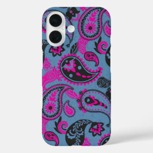 Coques iPhone 16 Linocut Paisley Traditionnel Vivid Rose Dusky Bleu