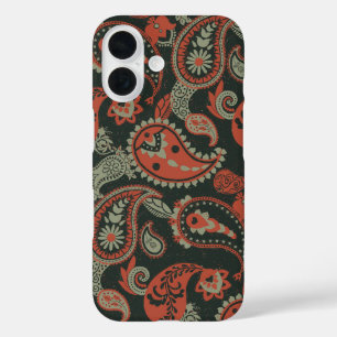 Coques iPhone 16 Linocut Traditionnel Paisley Chaud Orange Mint Ver