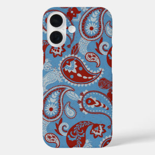 Coques iPhone 16 Linocut traditionnel Paisley Rouge Bleu Blanc