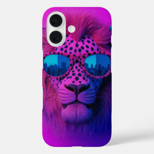 Coques iPhone 16 Lion d'art pop néon portant des lunettes de soleil
