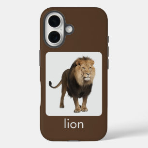 Coques iPhone 16 Lion sur fond blanc et marron avec texte