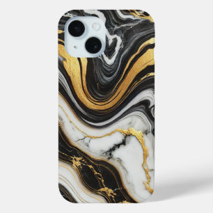 Coque Pour iPhone 15 Liquid Gold Black White Marble Look Glam Mariage 