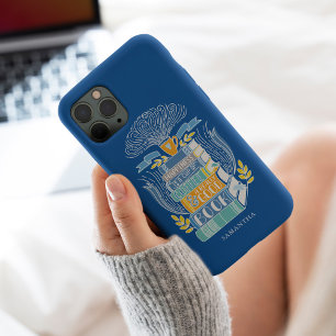 Coque iPhone 15 Mini Livres et Louveur de café - Bleu clair