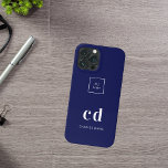 Coques iPhone 16 Logo marine bleu blanc monogramme initiales affair<br><div class="desc">Arrière - plan bleu marine et texte blanc. Personnalisez et ajoutez votre entreprise,  le logo de l'entreprise,  les initiales monographiques et le nom.</div>