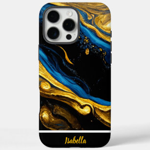 Coques iPhone 16 Pro Max L'or et le marbre bleu d'inspiration nature