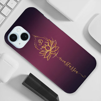 Coque Pour iPhone 15 Lotus & Om - Nom personnalisé Minimaliste