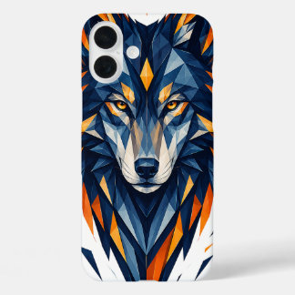 Coques iPhone 16 Plus Loup Géométrique Art Polygonal Noir et Orange